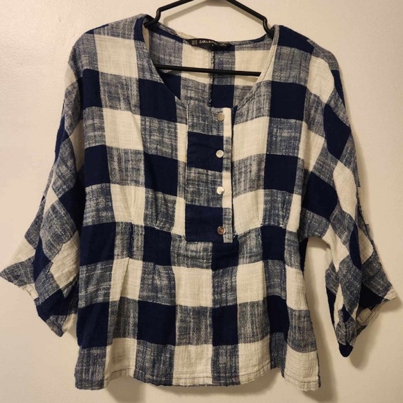 Zara Basics Plaid Navy Blue Top - Picture 2 of 4